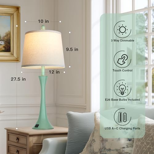 Rinweey Coastal Modern Green Table Lamps Set of 2 for Living Room, 27.5" Tall Bedside Lamp with USB Charging Port,3-Way Dimmable Touch Nightstand Lamp for Bedroom Desk Side Table Office,Green - color: Green(2 Pack)
