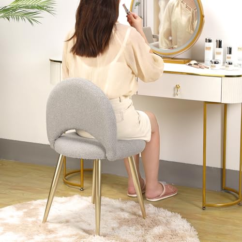 Vanity Chair with Back, Boucle Upholstery Armless Makeup Stool | Gray Vanity Stool with Gold Metal Legs for Bedroom Living Room Kitchen Dinning Room (Gold and Light Gray) - color: Gold and Light Gray