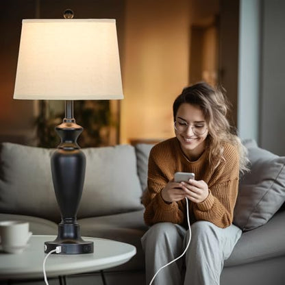 Cinyirong 30" Tall Table Lamps Set of 2, Touch Control Bedside Lamp with USB A+C Ports and AC Outlet, 3-Way Dimmable Modern Metal Nightstand Lamp for Bedroom Living Room, 2 LED Bulbs Included, Black - color: Black (2 Pack)