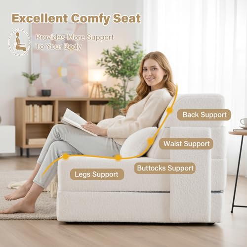 Convertible Folding Sofa Bed Mattress with Pillow & Side Pocket, Plush Fabric Floor Mattress Couch Bed, Washable Cover, Twin Size, Beige - color: Plush Beige, size: Twin Size