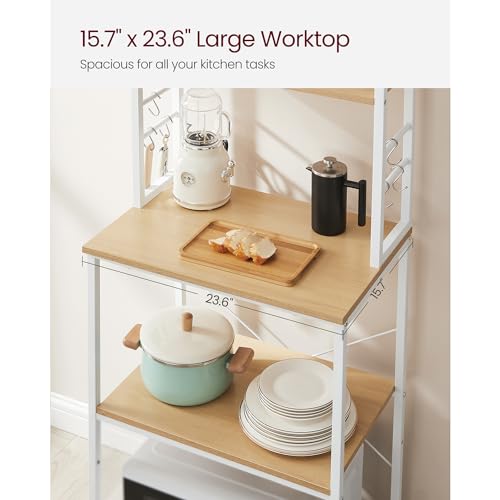 VASAGLE Coffee Bar, 23.6 Inches 6-Tier Baker's Rack with 6 Hooks | Modern Basic Microwave Stand, 23.6 x 15.7 x 65.7 Inches, Golden Oak and Cloud White, BARNET Collection UKKS024W09 - color: Golden Oak + Cloud White, size: 23.6"W, style: No Power Outlet