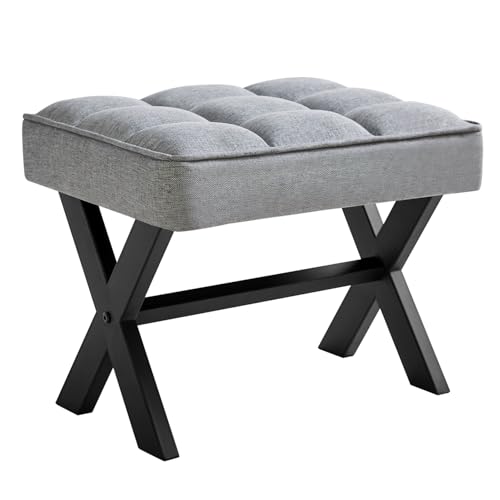 IBUYKE Small 12" H Footrest, Square Linen Step Stool, Blue Gray WBD011L | Foot Stool Metal X-Leg Multi-Use Small Side Table Living Room Bedroom Entryway Office - color: Blue Grey, size: 12.2"-Linen