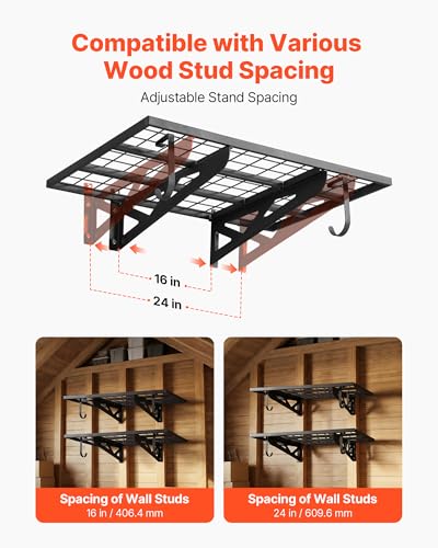 VEVOR 2-Pack Heavy Duty Garage Wall Shelving, 2 x 3 ft Steel Wall Mounted Shelving Unit with Hooks, 24 x 36 Inch Per Shelf Floating Storage Metal Rack for Garage, 500 lbs Total Weight Capacity - size: 2×3 ft