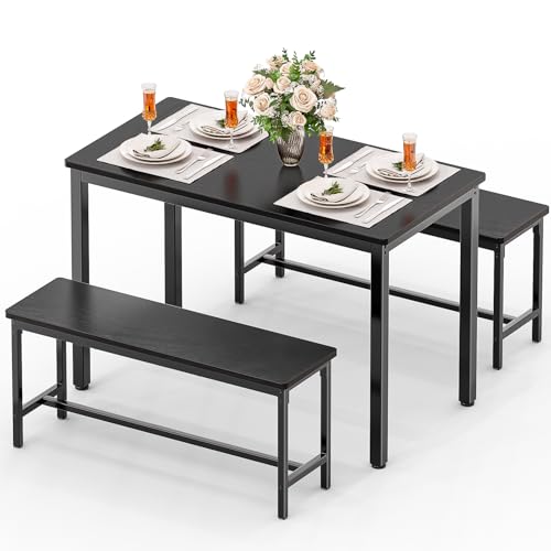 Dining Table Set for 4, Kitchen Table with 2 Benchs, Black | Modern Functional 3 Piece Space-Saving Dining Room Table Set for Apartment, Breakfast Nook, Small Space - color: Black