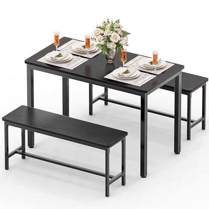 Dining Table Set for 4, Kitchen Table with 2 Benchs, Black | Modern Functional 3 Piece Space-Saving Dining Room Table Set for Apartment, Breakfast Nook, Small Space - color: Black