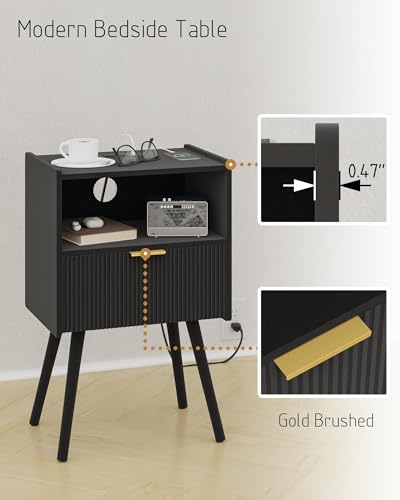 Black Nightstand with Outlet,Modern Bedside Table with Storage Drawer and Open Wood Shelf, for Living Room, Bedroom and Small Spaces, Accent Night Stand with Solid Wood Legs, Easy Assembly - color: Black-outlet