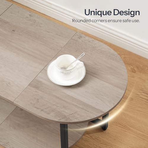 HOOBRO Coffee Table for Living Room, Oval Small Coffee Table with 2-Tier Open Storage Shelf, Industrial Cocktail Tea Table, Wooden Desktop Center Table, Farmhouse, Home Office, Greige BG09KF01 - color: Greige