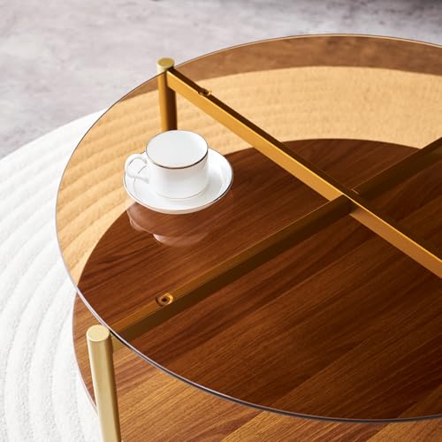 LumFurn Round Coffee Table, Mid-Century Modern Design, D30 x H17, for Living Room, 2-Tier Structure, Amber Glass Top and Walnut MDF Shelf, Sleek Conical Metal Legs with Gold Finish - color: D30" Amber & Walnut