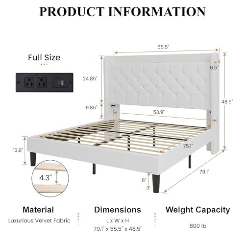 SHA CERLIN Full Size Platform Bed Frame with Charging Station, Velvet Wingback Headboard with Storage Shelf, Wooden Slats Support, Ample Under-Bed Space, No Box Spring Needed, Easy Assembly, White - color: White, size: Full
