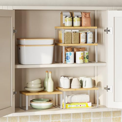 HOOBRO Cabinet Organizer Shelf, Set of 2 Kitchen Counter Shelves, Expandable Kitchen Storage, Stackable Bamboo Spice Rack, for Kitchen, Countertop, Office Desk, Bathroom, Natural and White YW30TL01 - color: Natural, White