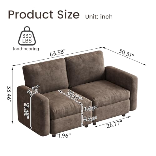 Miuuod 2-Seat Modular Sofa Couch for Small Spaces, Convertible Sleeper Loveseat with Ergonomic Cushions, Brown Cloud Futon Lounge Sectional Furniture for Living Room Bedroom Apartment - color: Brown, style: 2 Seats（2 Seats only）