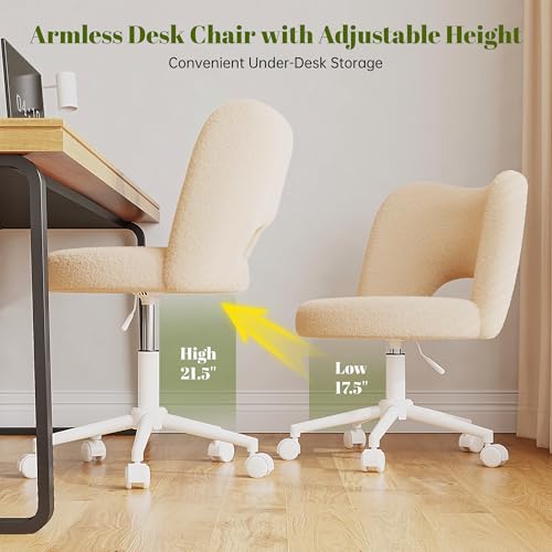 DurayLoly Vanity Chair with Open-Back & 360° Swivel | Cute Desk Chair, Silent Caster , Soft Teddy Fleece, Height Adjustable,Off-White - color: Off-white