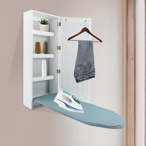 Wall Mounted Ironing Board with Storage Cabinet Built in Swivel Ironing Board with 3Tier Shelf & Dressing Mirror for Home Apartment & Small Spaces