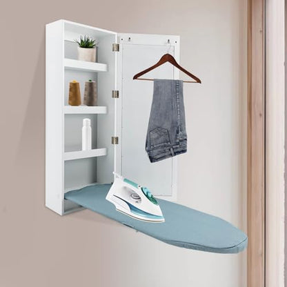 Wall Mounted Ironing Board with Storage Cabinet Built in Swivel Ironing Board with 3Tier Shelf & Dressing Mirror for Home Apartment & Small Spaces