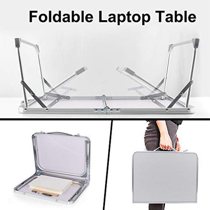 RAINBEAN Foldable Laptop Table for Bed Lightweight Breakfast Bed Tray Portable Mini Picnic Storage Space Standing Holder, Folding Leg Desk Notebook Lap Table for Kids Reading -Silver