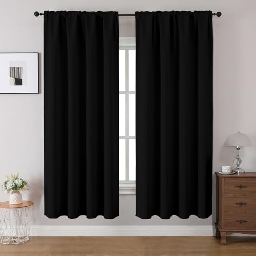 CUCRAF Blackout Curtains 63 inches Long 2 Panels Set for Bedroom, Black Rod Pocket Room Darkening Curtain for Living Room, Thermal Insulated Window Drapes (W 52 x L 63 Inch) - color: Black, size: 52"W x 63"L (Pack of 2)