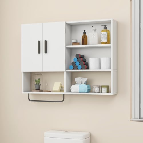Bathroom Wall Cabinet with Towel Bar & 2 Doors, White - color: White
