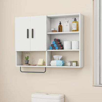 Bathroom Wall Cabinet with Towel Bar & 2 Doors, White - color: White