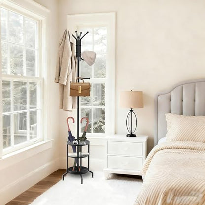 Coat Rack with Umbrella Holder, Coat Rack Freestanding, Metal Coat Tree with 12 Hooks, Modern Coat Hanger Stand for Entryway Living Room Bedroom Office