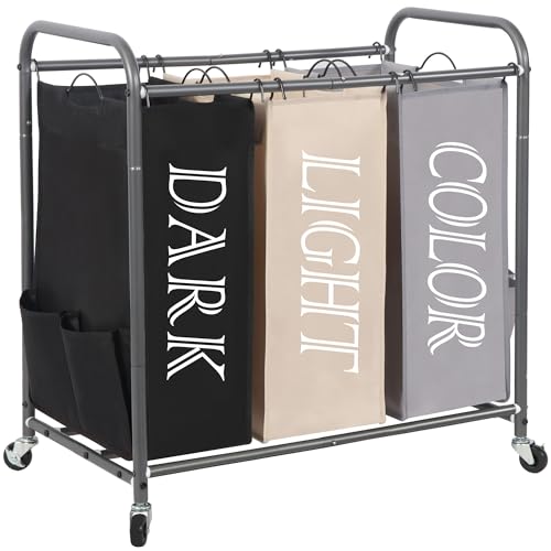 STORAGE MANIAC 3 Section Laundry Sorter, 35.6 Gal (135 L) Laundry Hamper Cart with Heavy Duty Rolling Lockable Wheels and Removable Bags, Clothes Organizer Basket Separator Hamper, Multicolored - color: Multicolored, size: 3 Section