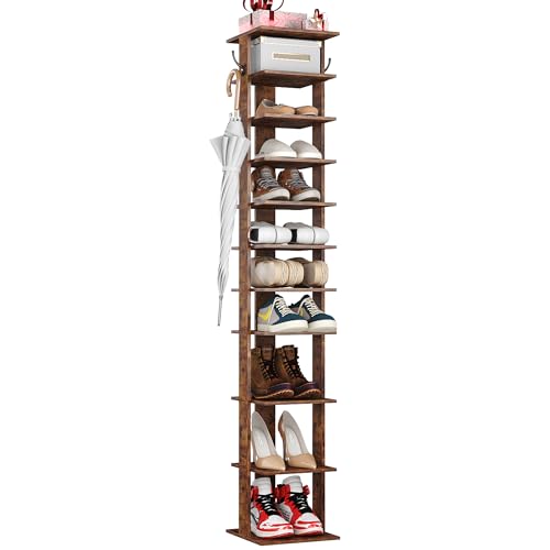 HOMEFORT 10-Tier Vertical Shoe Rack, Corner Shoe Tower, Slim Shoe Organizer with Two Hanging Hooks, Wooden Shoe Storage Stand for Entryway, Hallway, Closet, Rustic Brown - color: Rustic Brown, size: 11.02"D x 11.02"W x 62.2"H