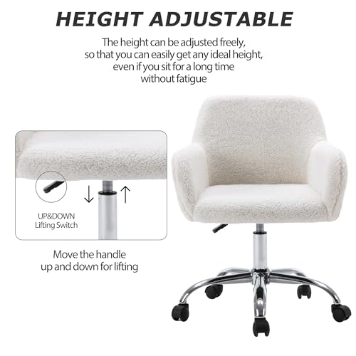 Faux Fur Makeup Vanity Chair,Home Office Desk Chair with Wheels, White | Fluffy Swivel Modern Armchair Upholstered Fuzzy Height Adjustable for Teens Women Girls Elegant for Living Room Bedroom - color: White+plush