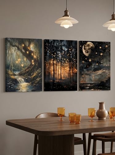 RYZopmuy Enchanted Forest Firefly Wall Art Set 3 Framed Moon Canvas Prints | Dark Academia Vintage Forest of Fairy Nature Wall Art for Bedroom Living Room Home Office 12x16 Inches - color: Black, size: 16L"x12W"