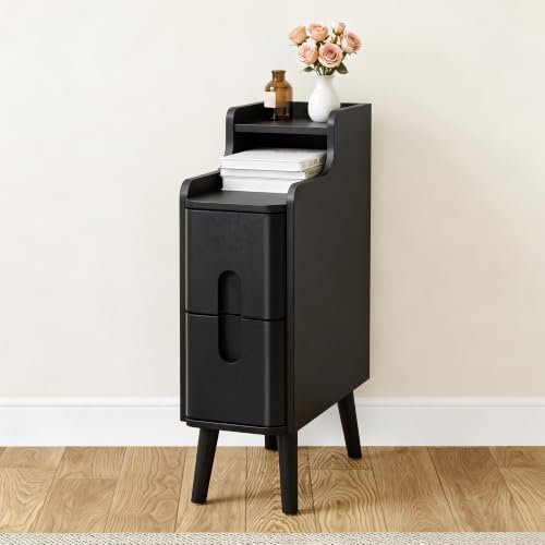 FurSch Narrow Nightstand Set of 2, Wooden Small 2 Drawer, Black | Slim Side End Table, Skinny Bedside Table, Mid Century Modern, 3-1 pc - color: Black 3-1 Pc