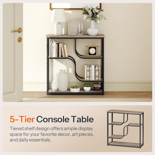 HOOBRO 29.5" Console Table, 5-Tier Narrow Entryway Table, Behind Couch Table with Storage Shelves, Sofa Table for Hallway, Living Rooms, Entryway, Greige and Black BG69XG01 - color: Greige + Black