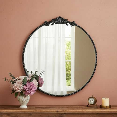 Vintage Baroque Round Wall Mirror 24"x24", Black Ornate Carved Frame Decor Mirror for Entryway Living Room Bedroom Hallway (Black Metal,24"x24") - color: Black Metal, size: 24"L x 24"W
