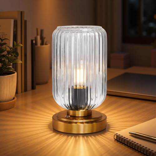LightRound Cordless Table Lamp for Bedroom, Touch Stepless Dimmable | 7500mAh Rechargeable Battery, Clear Glass Shade, Brushed Gold Base, Bulb Included, Modern Wireless Lamp for Desk, Living Room - color: Clear Glass-Brushed Gold Base