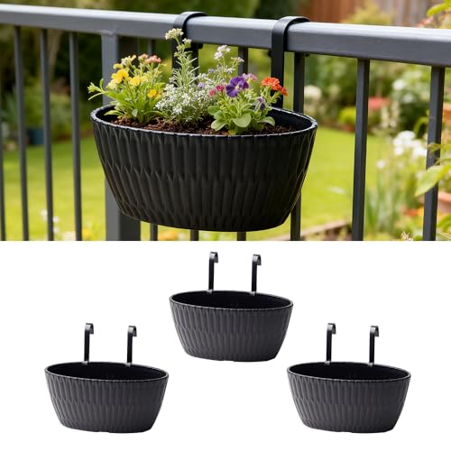 9 Inch Hanging Flower Pots, 3 Pcs Black Railing Fence Hanging Bucket Planter with Detachable Hooks, Countryside Window Plant Holder for Outdoor Garden Yard Home Decor