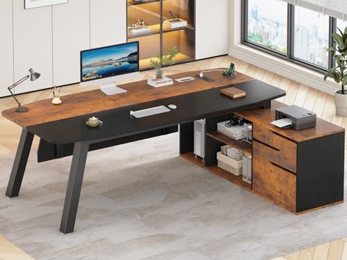SEDETA 71" L Shaped Executive Desk with File Cabinet & Power Outlet | Computer Desk with 3 Storage Drawers, Adjustable Shelves, CPU Stand, Privacy Baffle, Modern Desk for Home Office, Brown - color: Brown