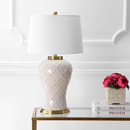 JONATHAN Y Arthur Textured Ceramic Table Lamp 29", Cream | Quatrefoil Trellis Design, White Linen Drum Shade, Brass Accents, LED Bulb Included