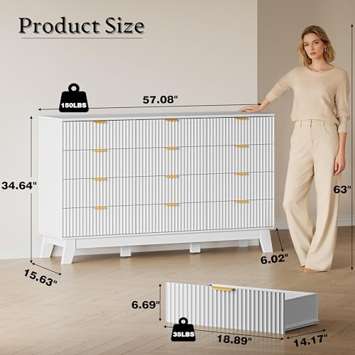 BORNOON 57" Wide Dresser for Bedroom, 12-Drawer Fluted Dresser with Metal Handles, Wood Chest of Drawers with Smooth Slides and Stable Base, Modern Storage Cabinet for Living Room, Nursery - color: Pure White, size: 12-Drawer