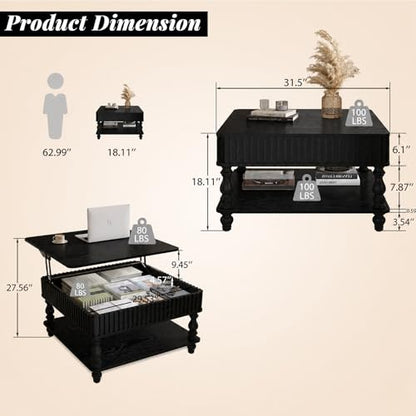 Quick Assemble Rectangular Lift Top Coffee Table with Large Storage | Black mid-century aesthetic, sturdy Solid Wood Roman legs, fluted side trim,Compact 31.5" x 31.5" x 18.11" - color: Black