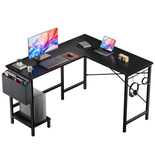 DUMOS L Shaped Computer Desk with PC Stand, Corner Workstation, Black - color: Black, size: 50-IN