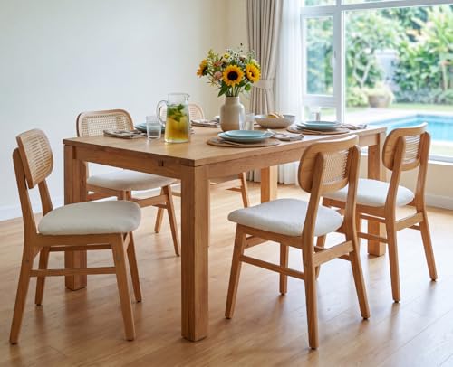 EALSON Mid Century Modern Dining Chairs Set of 6 Rattan Curved Back Dining Room Chairs Sherpa Upholstered Kitchen Chairs with Wood Frame Farmhouse Side Chairs for Kitchen Dining Room, Cream - color: Fur Cream, size: 6PCS
