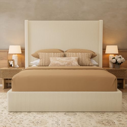 Queen Bed Frame with Lift Up Storage, 51.2" Tall Headboard and Upholstered Wingback Platform Bed Frame, Hydraulic Support, No Box Spring Needed, Beige Corduroy - size: Queen (U.S.Standard)