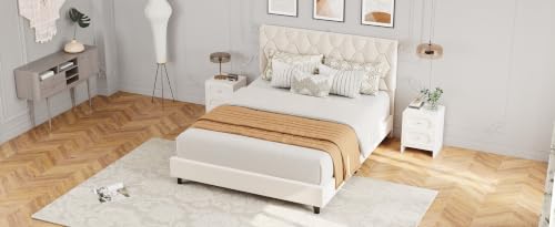 GAOMON Beige Queen Bed Frame with Upholstered Headboard, Heavy-Duty Platform Bed Frame with Strong Wood Slats, No Box Spring Needed/Noise Free/Easy Assembly | Heavy-Duty Bed Frame with Wooden Slats Support Upholstered Mattress Foundation No Box Spring Nee
