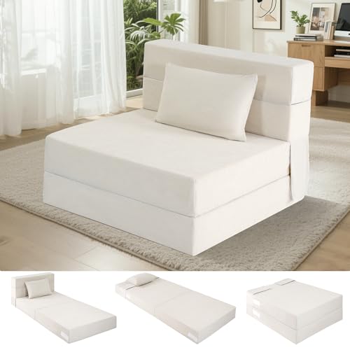 Fvkind Sleeper Chair Bed with Memory Foam Washable Cover Single Size, Beige | Soft Corduroy Fabric - Foldable Lounge Chair - Dorm & Apartment - Adults & Students - Space-Saving Comfort - color: Beige, size: Single