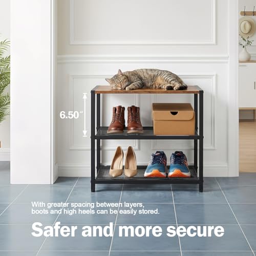 Small Narrow Shoe Rack for Entryway, 3-Tier Metal Wood Shoe Shelf | Shoe Storage Organizer, Holds 6 Pairs, Wooden Table Top, Mesh Shelves, for Front Door Entrance Closet Floor Hallway Bedroom - size: 17"D x 10.24"W x 15.75"H