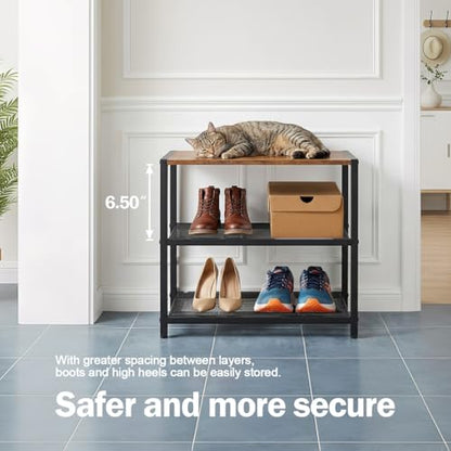 Small Narrow Shoe Rack for Entryway, 3-Tier Metal Wood Shoe Shelf | Shoe Storage Organizer, Holds 6 Pairs, Wooden Table Top, Mesh Shelves, for Front Door Entrance Closet Floor Hallway Bedroom - size: 17"D x 10.24"W x 15.75"H