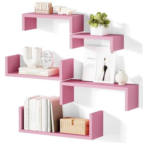 SRIWATANA Pink Floating Shelves, Set of 5 Solid Wood Wall Mounted Shelves | Versatile Wood Shelves in 5 Different Sizes; Flexible DIY Layout to Fit Any Space in Bathroom, Bedroom, or Kitchen - color: Pink