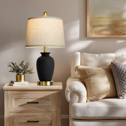23" Set of 2 Black Ceramic Farmhouse Table Lamp with Ginger Jar Design, Bedside USB Lamps for Living Room,Dining Room,Bedroom,Office,Nightstand,End Table - color: Black