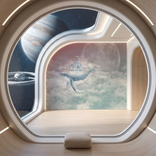 ASJ Kids Nursery Peel and Stick Wallpaper Mural, Whale Castle Moonlight | Seamless edge-to-edge match. Full moon cloud fairy tale artwork, 118x78 in, premium fabric, kids bedroom playroom. - color: Moonlight Silver, size: 118" x 78"
