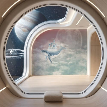 ASJ Kids Nursery Peel and Stick Wallpaper Mural, Whale Castle Moonlight | Seamless edge-to-edge match. Full moon cloud fairy tale artwork, 118x78 in, premium fabric, kids bedroom playroom. - color: Moonlight Silver, size: 118" x 78"
