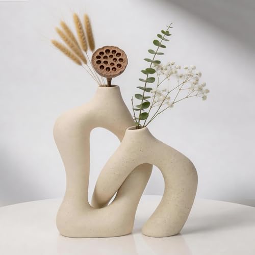 White Ceramic Decorative Vases Set of 2, Nordic Minimalist Modern Vases for Table, Wedding, Living Room, Bedroom, Office Home Decoration