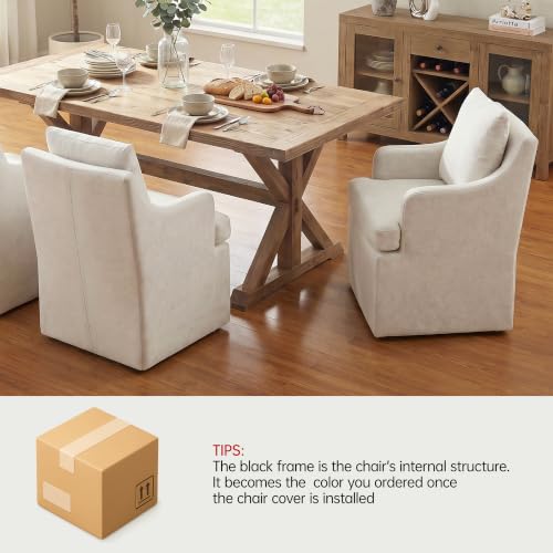VKNOW Upholstered Dining Chairs Set of 6, Dining Room Chairs with Casters | Modern Rolling Dining Chairs with Armrest, Soft Chenille Fabric, Washable Cover, Easy Assembly, Living Room, Bedroom, Cream - color: Cream, size: 6
