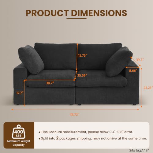 79" Cloud Modular Sofa, Convertible Modular Loveseat Couch, Cotton Linen Fabric Sofa for Living Room, Apartment and Bedroom, Removable Covers, 2 Pillows, Black - color: Black, size: 2-Seater